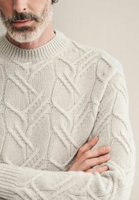 Hellgrauer, gestrickter Pullover mit einem strukturierten Kabelmuster, Rundhalsausschnitt und gerippten Bündchen, der kunstvolle Details im gesamten Stoff präsentiert.