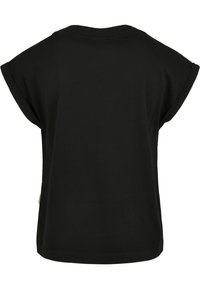 Svart T-skjorte med korte ermer og oppbrettede mansjetter, rund hals og rett kant, vist bakfra på hvit bakgrunn.