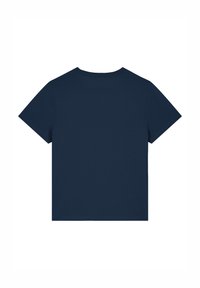 T-shirt en coton bleu marine à manches courtes, col rond et ourlet droit. Texture lisse, sans motifs ni graphiques visibles.