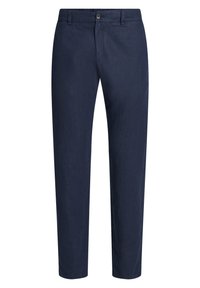 Navyblå slim-fit herrbyxor med bältesömmar, frontknapp och dragkedjestängning, tillverkade av mjukt tyg.