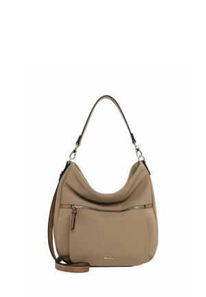 Sac hobo synthétique beige avec une seule bandoulière, poche avant zippée et détails en tan. Texture lisse et design incurvé.