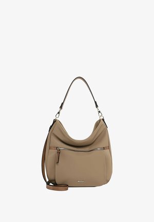 Bolso hobo sintético beige con una sola correa para el hombro, bolsillo frontal con cremallera y detalles de color marrón claro. Textura suave y diseño curvado.