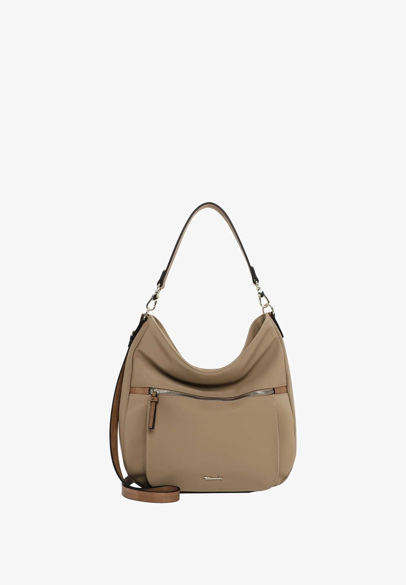 Beige syntetisk hobo-väska med en enkel axelrem, hellångt framfickafack med blixtlås och beige detaljer. Slät yta och rundad design.