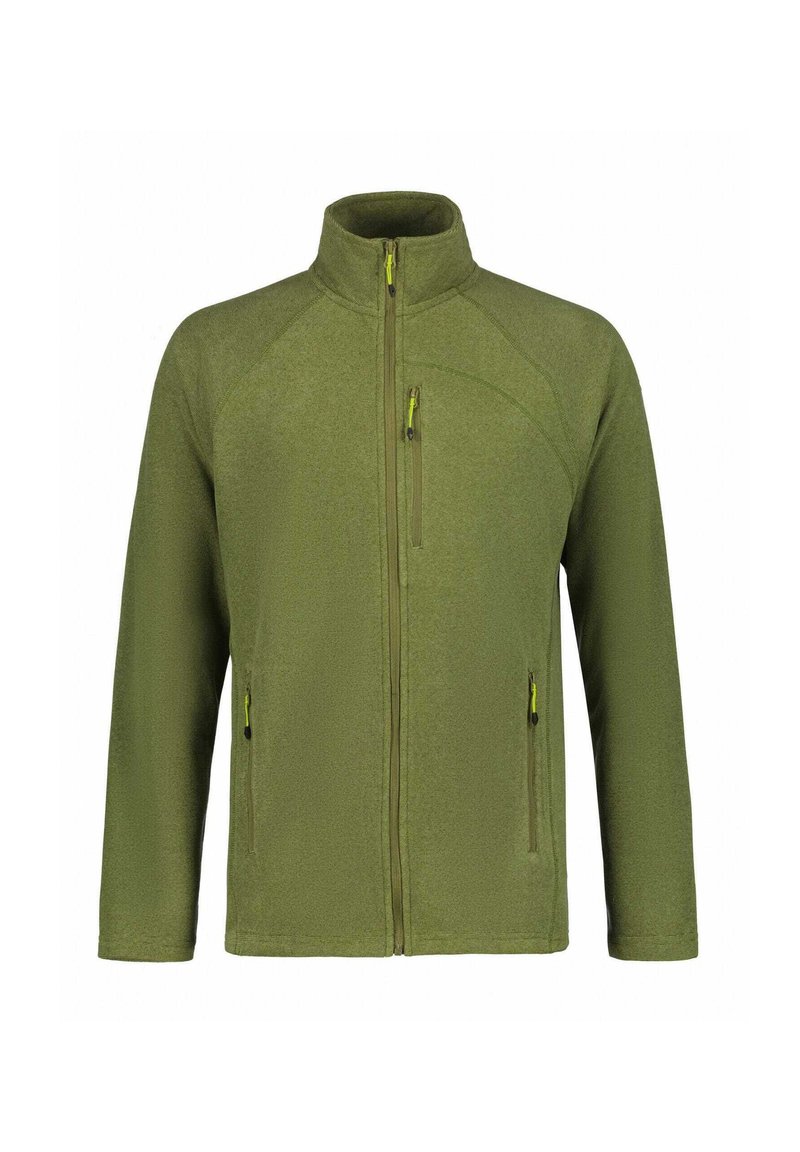Olijf groene fleece jas met volle rits en hoge kraag, twee zijzakken met rits en één borstzak met rits en gele ritstrekkers.