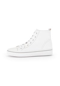 Witte hoge sneakers van glad leer, met een ronde neus, zes veterogen en een grijze rubberen zool. Inclusief een klein trekbeveiliging aan de achterkant.
