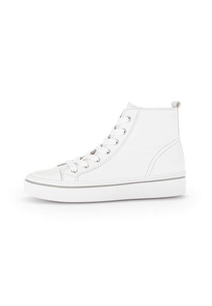 Witte hoge sneakers van glad leer, met een ronde neus, zes veterogen en een grijze rubberen zool. Inclusief een klein trekbeveiliging aan de achterkant.