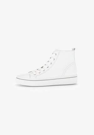 Witte hoge sneakers van glad leer, met een ronde neus, zes veterogen en een grijze rubberen zool. Inclusief een klein trekbeveiliging aan de achterkant.