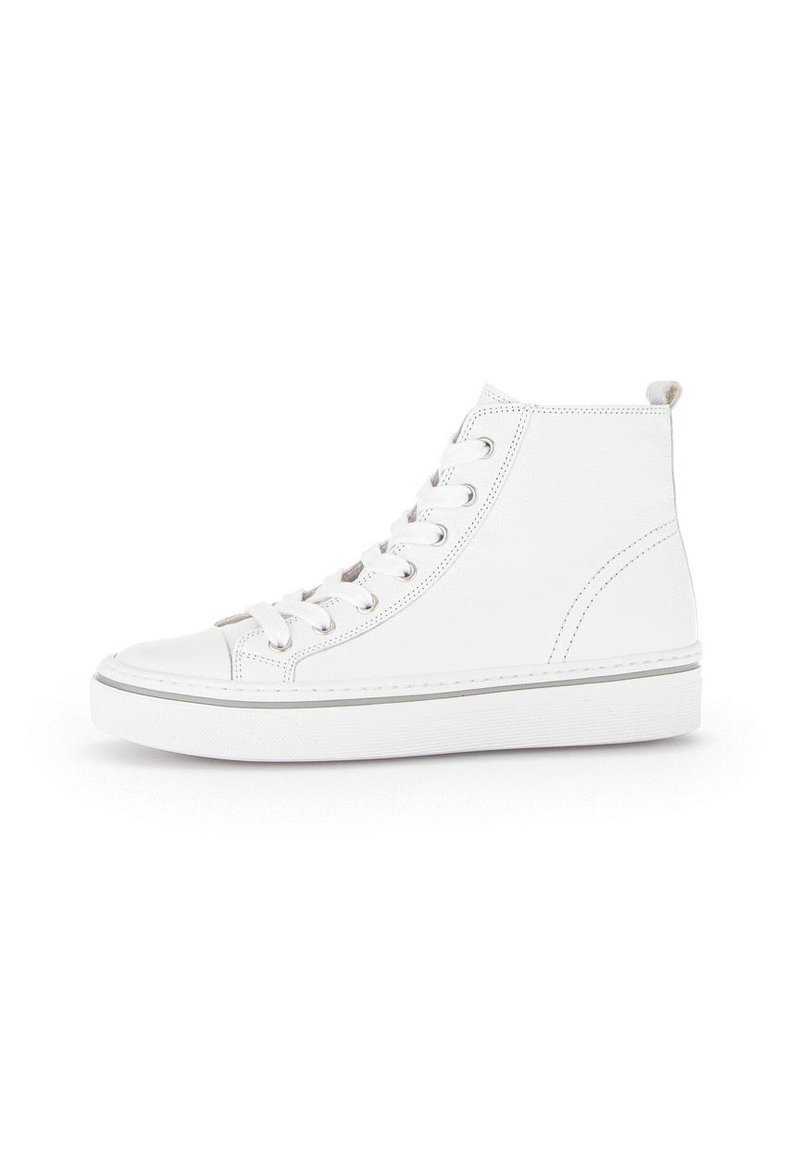Witte hoge sneakers van glad leer, met een ronde neus, zes veterogen en een grijze rubberen zool. Inclusief een klein trekbeveiliging aan de achterkant.