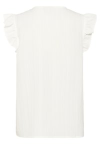 Haut blanc avec des manches courtes à volants, présentant un tissu texturé avec des rayures verticales. Encolure arrondie et coupe décontractée.
