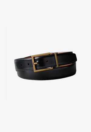 Black leather belt featuring a gold-tone rectangular buckle, smooth texture, and multiple adjustment holes along the body.