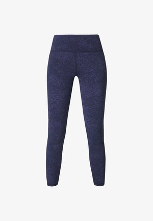 Navy blue leggings with a subtle pattern, high waistband, and fitted design. Material appears smooth with a slight sheen.