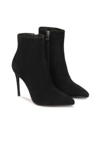Black suede ankle boots with a pointed toe and a stiletto heel. Features a side zipper for easy wear. Smooth texture, sleek design.