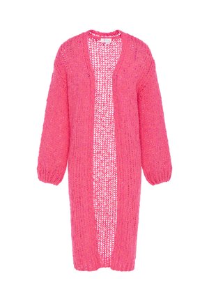 Long open-front knitted cardigan in bright pink with balloon sleeves and loose stitch pattern against a white background.