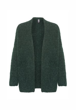 Cardigan en tricot vert avec une silhouette loose, une ouverture à l'avant et des manches longues. La texture semble douce et duveteuse, idéale pour le superposition.