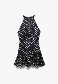 Vestido de lunares azul marino con cuello halter, dobladillo con volantes y detalle de ojal en el escote. Hecho de una tela suave con una cintura ajustada.