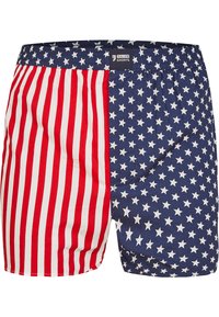 Tessuto a righe rosse e bianche da un lato, tessuto blu con stelle bianche dall'altro. Vita elastica con etichetta "Happy Shorts".