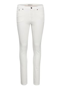 Vita smala jeans gjorda av en mjuk bomullsmix, med fem fickor, subtila sömnadsdetaljer och bronsfärgad metalldetalj.