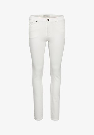 Pantalones vaqueros blancos ajustados, confeccionados con una suave mezcla de algodón, que cuentan con cinco bolsillos, sutiles acentos de costura y herrajes de metal en bronce.