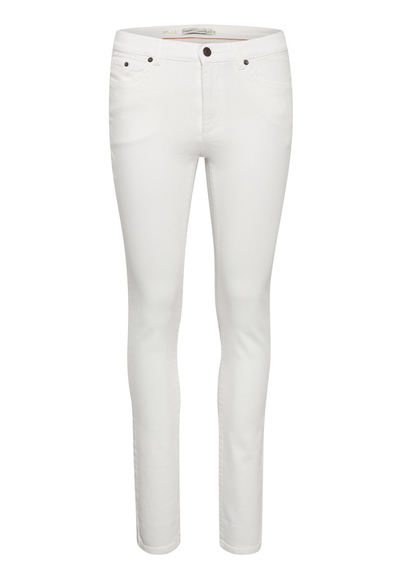 Vita smala jeans gjorda av en mjuk bomullsmix, med fem fickor, subtila sömnadsdetaljer och bronsfärgad metalldetalj.