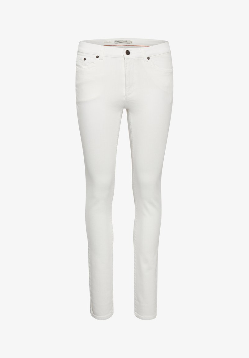 Vita smala jeans gjorda av en mjuk bomullsmix, med fem fickor, subtila sömnadsdetaljer och bronsfärgad metalldetalj.