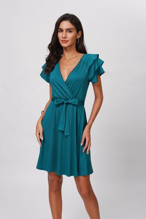 Teal wrap dress made of soft fabric, features flutter sleeves, a V-neckline, and a tied waist, falling above the knees with a smooth texture.