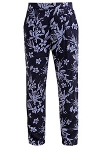 Pantalon marine avec imprimé floral violet clair, taille élastique et jambes fuselées.