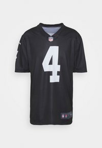 Camiseta negra de la NFL con un gran número blanco "4" en la parte frontal. Mangas cortas y un logotipo bordado en el cuello. Tejido ligero.