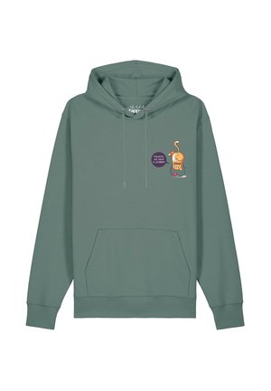Groene hoodie met voorvak waarop een cartoon van een oranje kat staat die met zijn kop vastzit in een vissenkom en een tekstballon met de tekst "Houston, we have a problem."