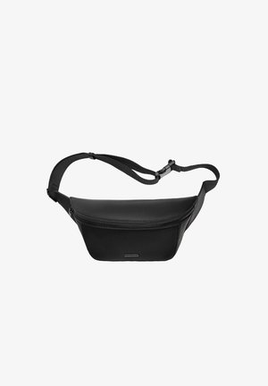 Czarna saszetka na biodra wykonana z gładkiego, trwałego materiału, z główną komorą zapinaną na zamek błyskawiczny oraz regulowanym paskiem zapewniającym pewne noszenie. Okrągły kształt.