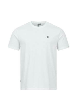 Schlichtes weißes T-Shirt mit kurzen Ärmeln und Rundhalsausschnitt, mit einem kleinen schwarzen Steuerrad-Emblem auf der linken Brust und einem kleinen Etikett am Ärmel.