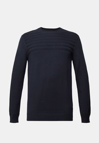 Marineblauwe gebreide trui met geribbelde textuur op de schouders, ronde halslijn en aangesloten manchetten. Gladde stof met horizontale streepdetail.
