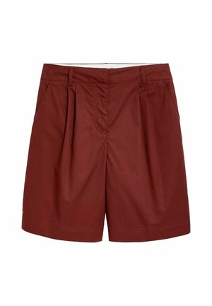 Shorts marron taille haute avec plis sur le devant, poches latérales, passants pour ceinture et fermeture avant dissimulée.