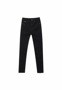Jeans de mezclilla negra, de corte ajustado, con una cintura de altura media, cinco bolsillos y cierre de cremallera con botón. Textura suave, detalles mínimos.