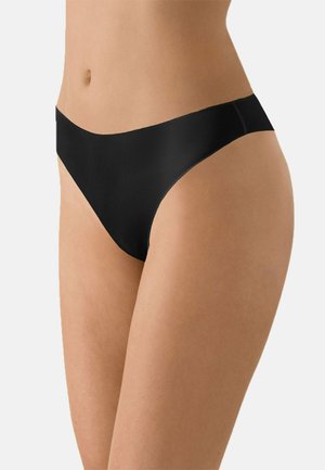 Schwarzer Bikiniunterteil mit glatter Textur, niedrigem Schnitt und minimaler Abdeckung, geeignet für Bademode oder intime Unterwäsche.