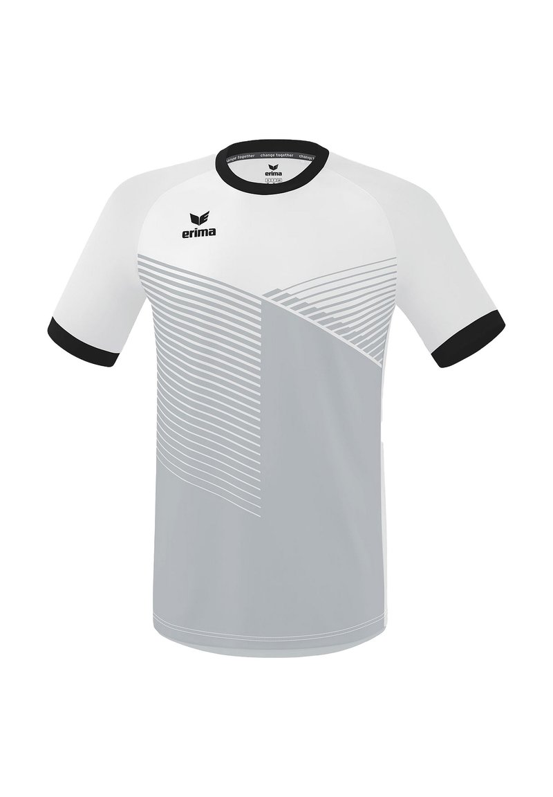 Maglia sportiva bianca e grigia con collo rotondo, maniche corte e dettagli neri. Presenta strisce diagonali e un logo sulla parte superiore sinistra.