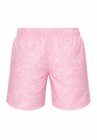 Short rose à taille élastique avec motif floral blanc clair, longueur au genou, tissu léger, style décontracté.