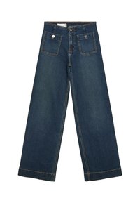 Jean denim bleu foncé à jambes larges, taille haute et deux poches plaquées à l'avant fermées par des boutons en métal.