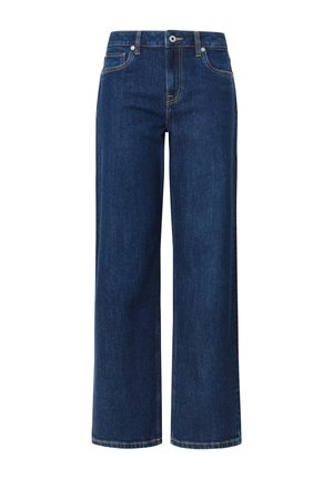 Jean large en denim bleu foncé avec une texture lisse, présentant une fermeture à bouton et fermeture éclair, cinq poches et des coutures contrastées.