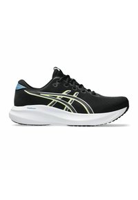 Baskets noires de course avec semelle blanche, fermeture à lacets, accents argentés et jaunes, et tirant de talon bleu portant la marque "AmpliFoam+".