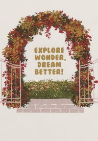 Bogen, bedeckt mit bunten Blättern, mit einem Rasenbereich und Blumen darunter. Der Text lautet "ENTDECKE WUNDER, TRAUME BESSER!" in fetter Schrift.