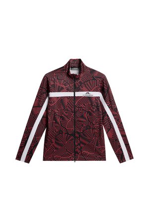Rote und schwarze Zip-up-Jacke mit einem wirbelnden Muster, das weiße Akzente aufweist und einen hohen Kragen hat. Glattes Material mit langen Ärmeln.