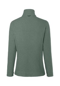 Groene, lange mouwen jas gemaakt van textuurstof met een hoge kraag. Bevat subtiele stiksels en een logo aan de zoom en manchetten.