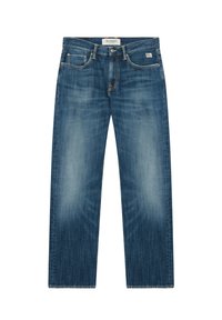 Jeans in denim blu con un design a gamba dritta, leggera scoloritura, dettagli cuciti, cinque tasche e una patch con logo sulla vita.