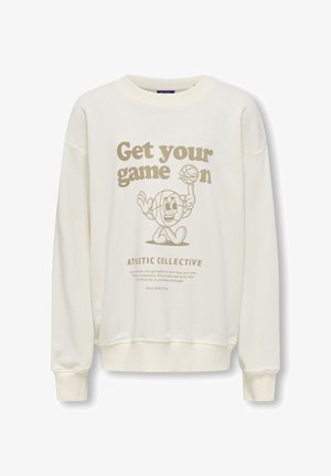 Cremfarbener Sweatshirt mit Rundhalsausschnitt, bedrucktem Grafikmotiv eines lächelnden Basketballcharakters und dem Text "Bring dein Spiel in Gang" in Beige.