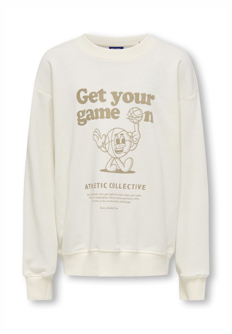 Felpa color crema con scollatura rotonda, grafica stampata di un personaggio di basket sorridente e testo "Metti in gioco il tuo talento" in beige.