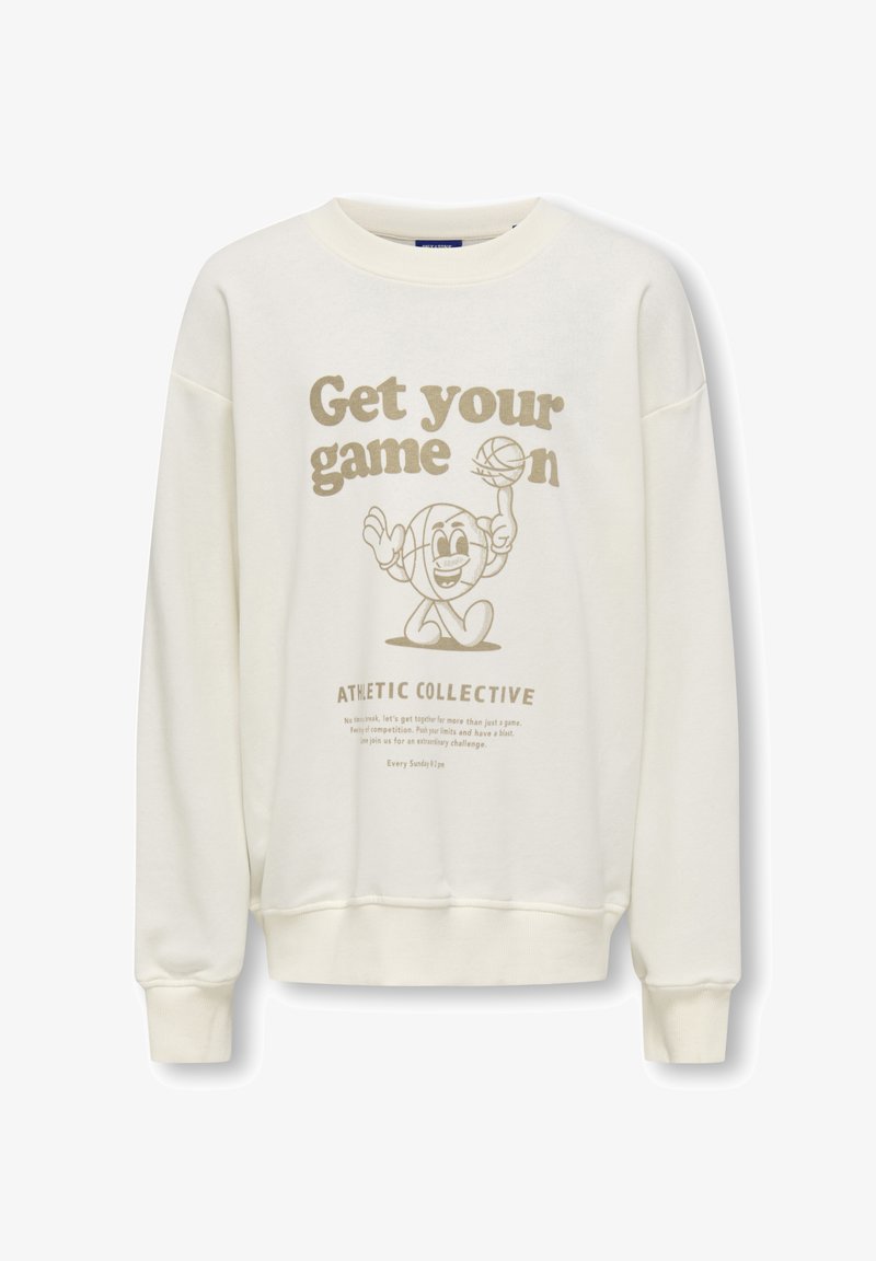 Sweatshirt de couleur crème avec un col rond, imprimé d'un personnage de basket-ball souriant et du texte "Mets-toi dans le jeu" en beige.