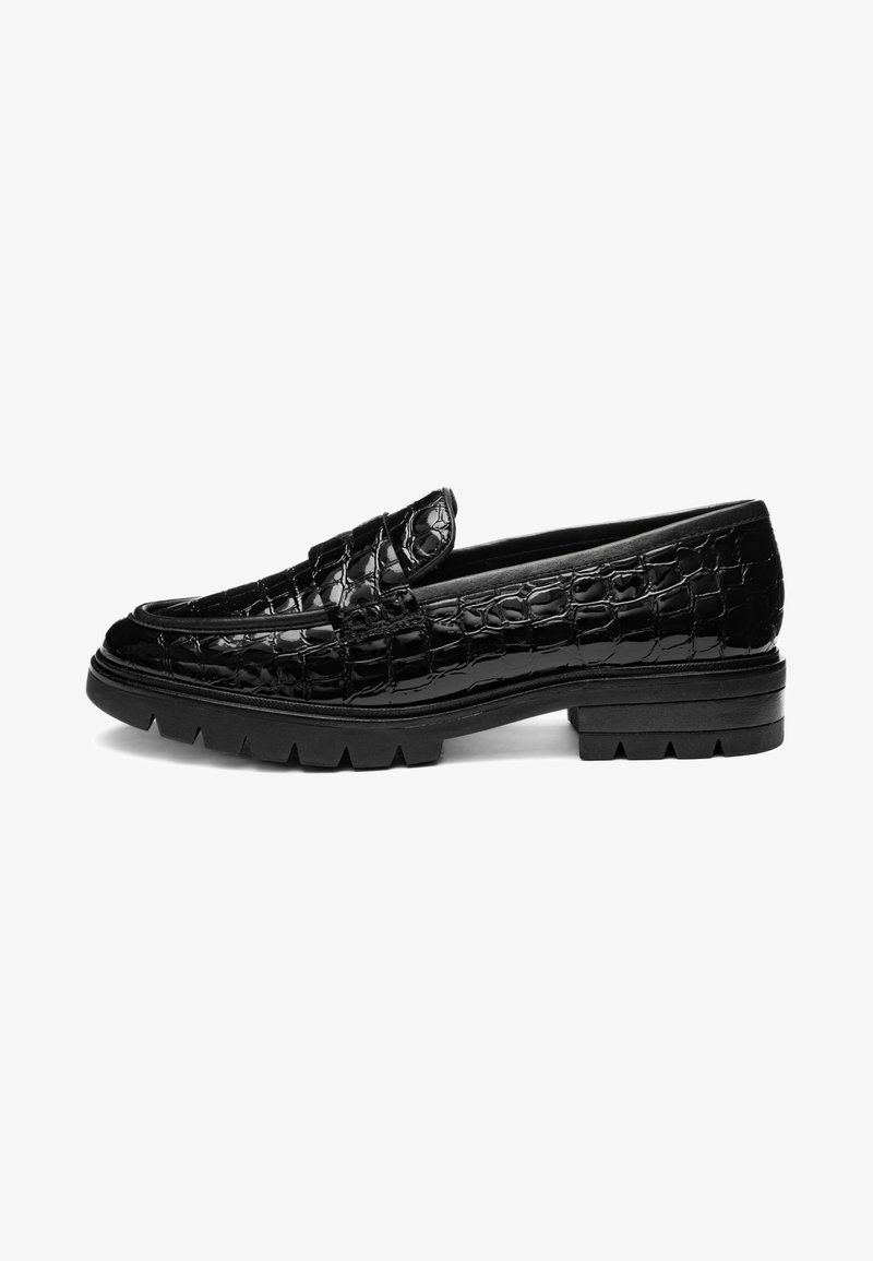 Black glossy loafer with crocodile texture, thick lug sole, and low stacked heel viewed from the side on a white background.