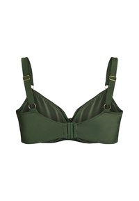 Soutien-gorge à bretelles ajustables vert foncé avec fermeture dos à agrafes, tissu lisse et détails en métal doré.