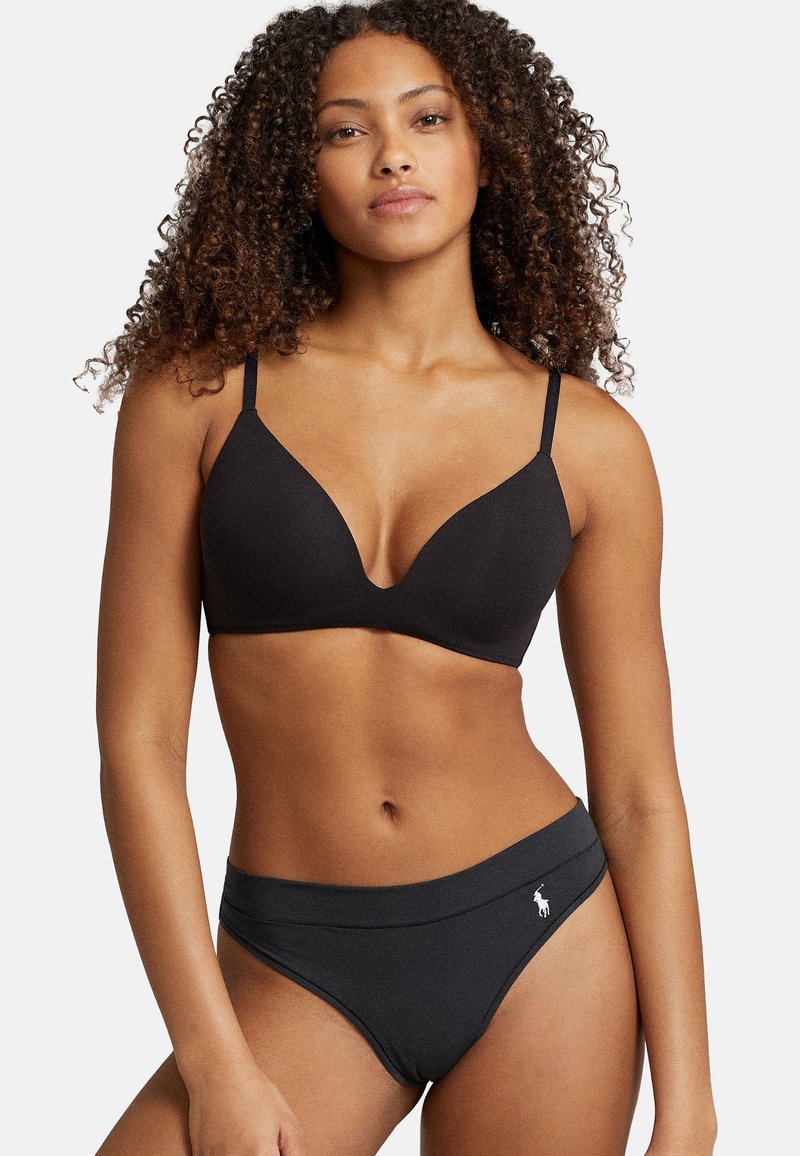 Black underwear set featuring a padded triangle bra with adjustable straps and high-waisted briefs, both made of smooth, stretchy fabric.