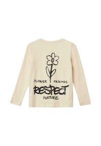 Korte mouw crèmekleurig shirt met een zwart bloemontwerp met een paarse kern, en tekst die "BLOEMVRIENDEN RESPECTEER DE NATUUR" zegt.
